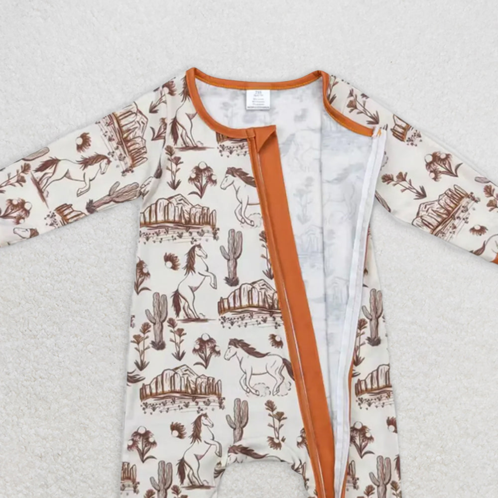 USA Shop (in stock)LR1164 Baby Girls Winter Rompers Long sleeves horse cactus baby kids western bamboo zipper romper