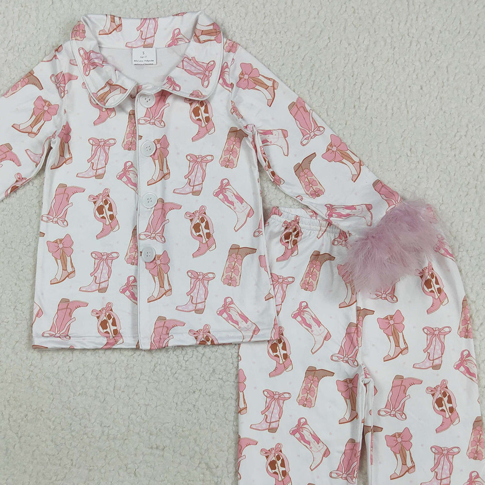 8.23 RTS NO MOQ (In stock)GLP2359 Baby Girls Winter Outfits Baby Girls Pink Fur Sleeves Bows Boots Plaid Button Top Pant Pajamas Set