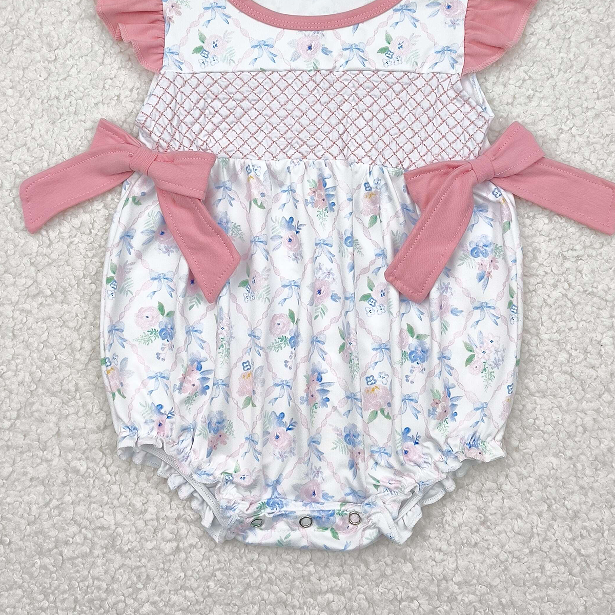 4.23 SR2923 RTS NO MOQ Baby Girls Summer Rompers Embroidery Baby Infant Girls Pink Flutter Sleeves Floral Bows Top Ruffle Rompers