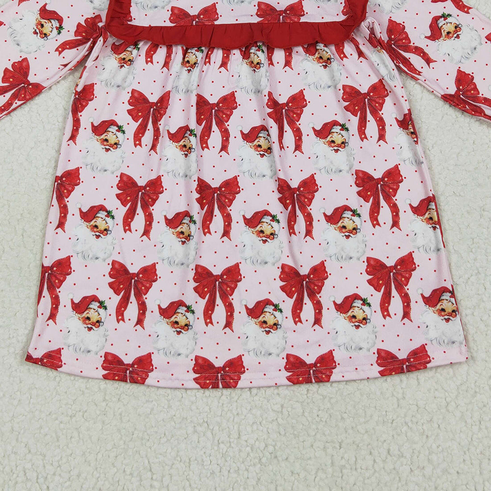 GLD1047RTS NO MOQ Baby Girls Winter Dress Baby Girls Long Ruffle Sleeves Red Santa Bows Knee Length Dresses