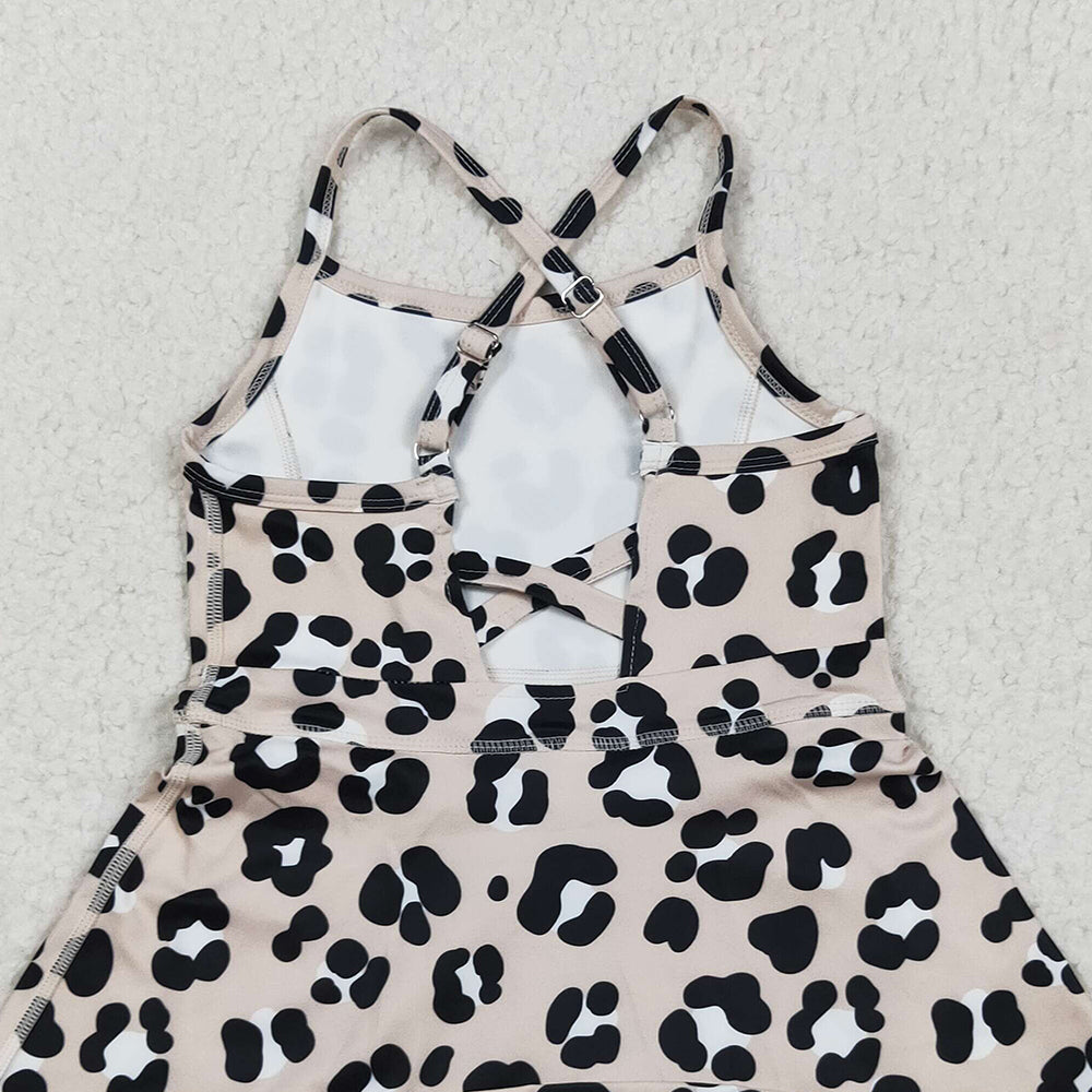 RTS NO MOQ (In stock)GSD2650 Baby Girls Yoga Dress Baby Girls Strap Leopard Shorts Yoga Active Knee Length Dresses