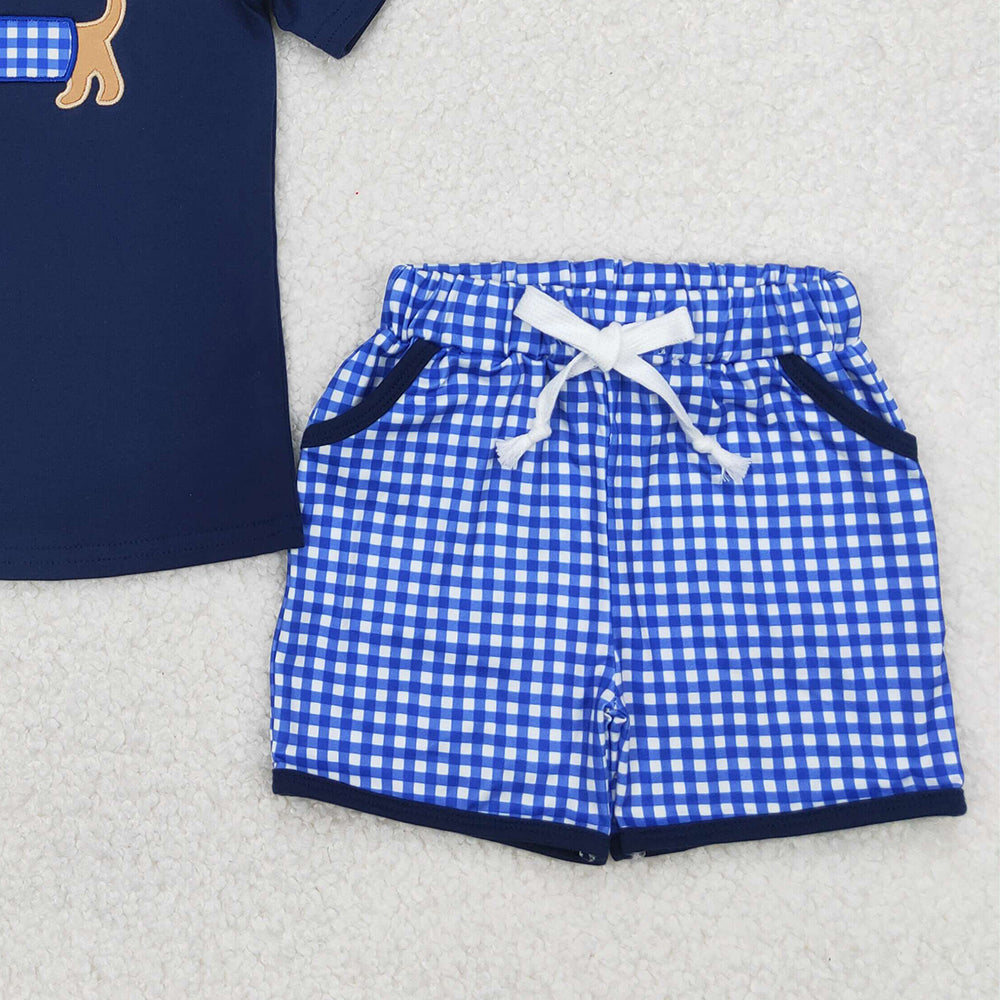 4.10 BSSO1227 RTS NO MOQ Baby Boys Summer Boys Outfits Baby Boys Navy Short Sleeves Dog Print Top Plaid Pockets Short Set