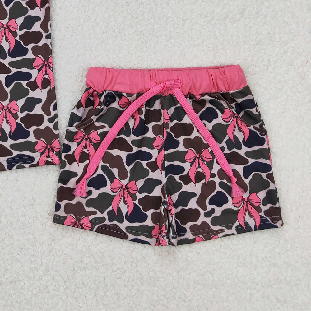 6.24 GSSO2083 RTS NO MOQ Sleeveless pink bow camo top shorts girls clothes