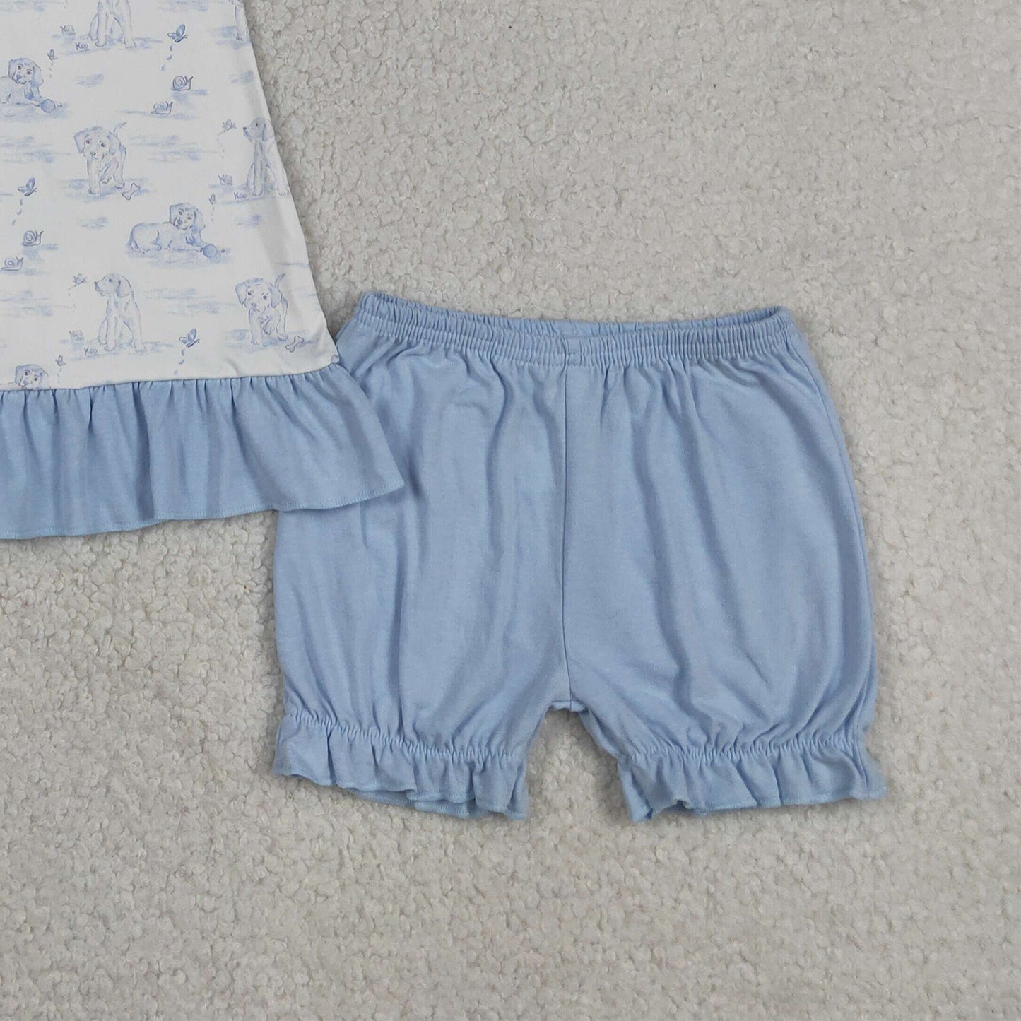 GSSO3061 RTS NO MOQ (In stock )Flutter sleeves light blue dog ruffle bow top shorts girls outfits