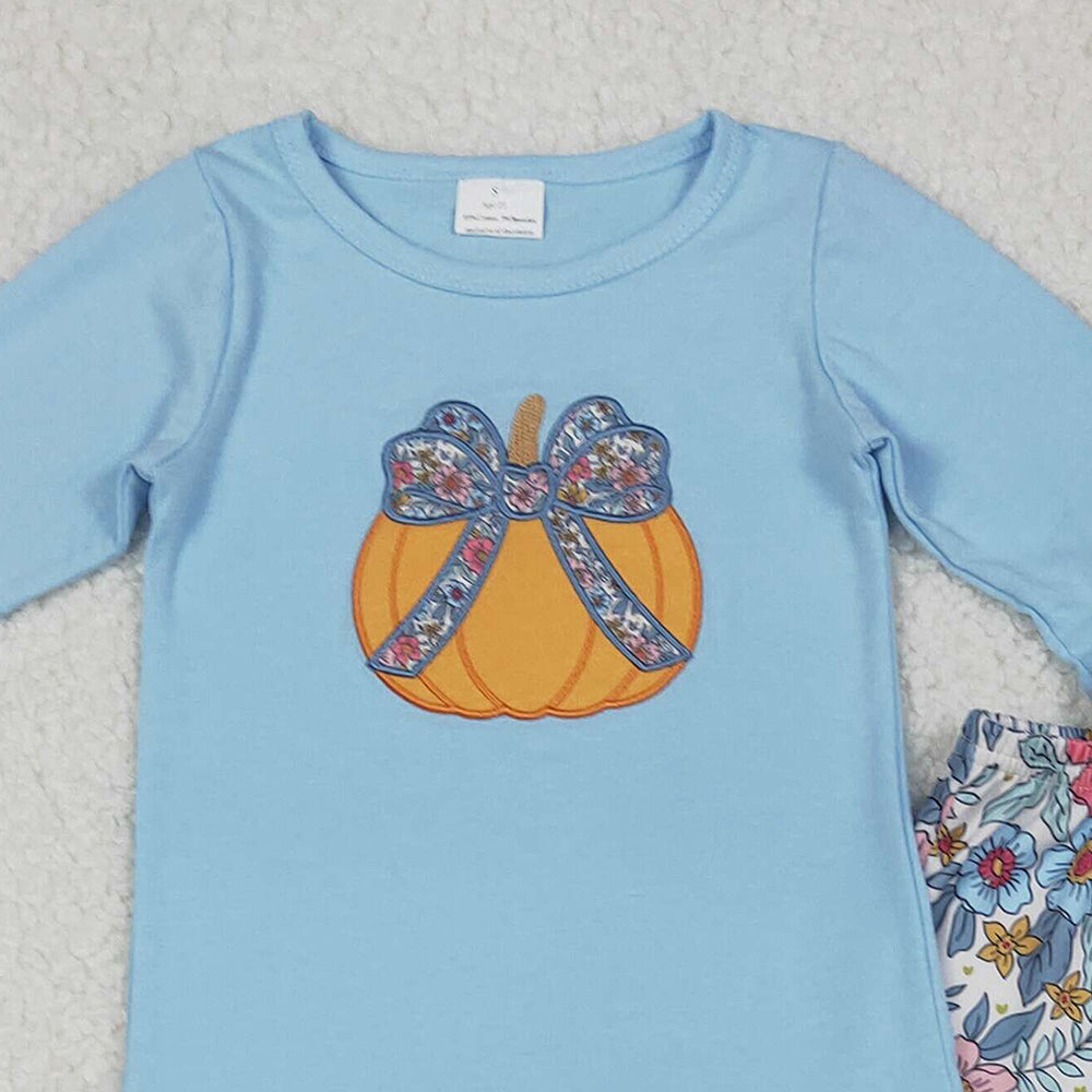 RTS NO MOQ (In stock)GLP2596 Baby Girls Winter Outfits Floral Pumpkins Top Bell Bottom Pant Sets