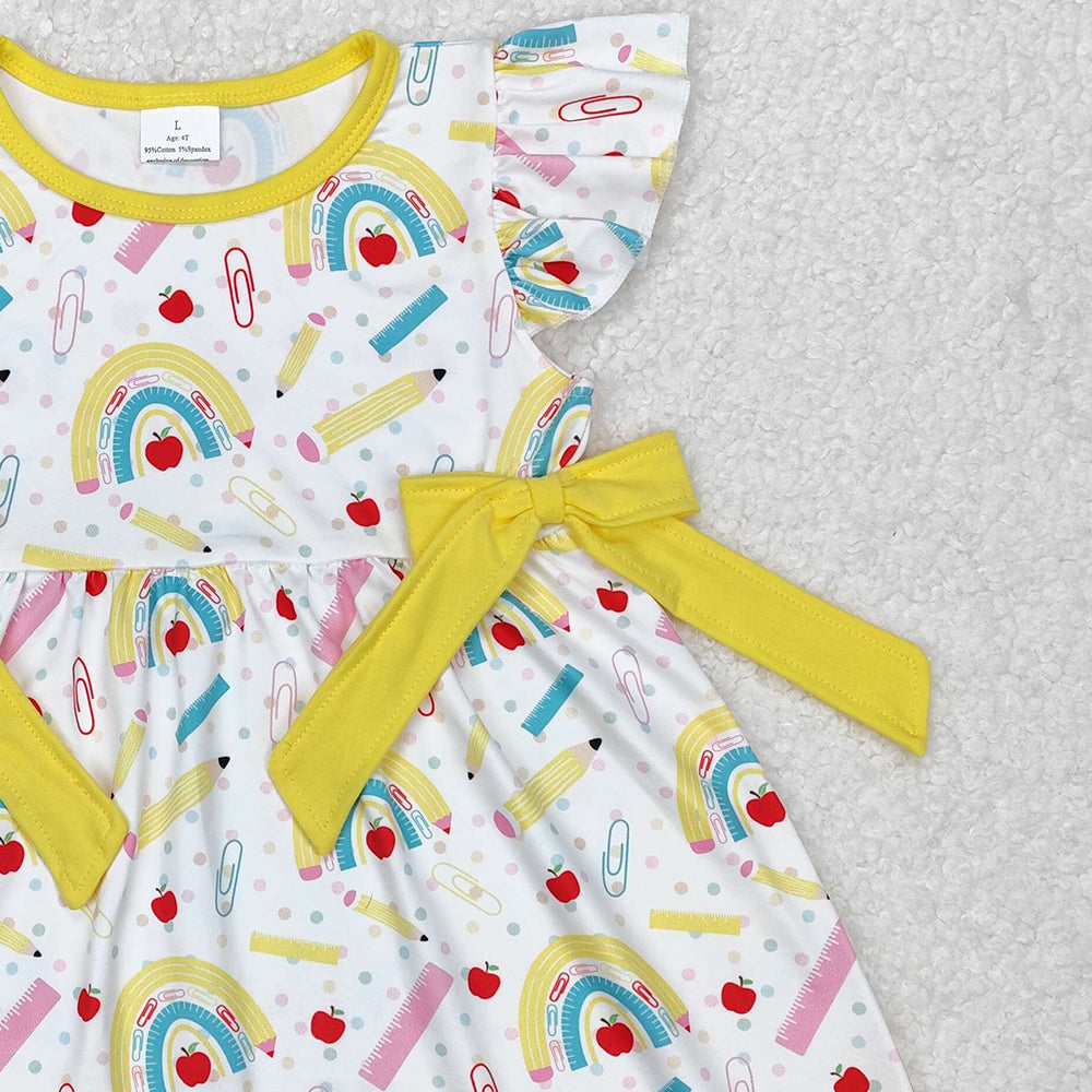 GSD1823Rainbow Girls Flutter Sleeve Apple Pencil Dress Cute Back to School Dress for Kids