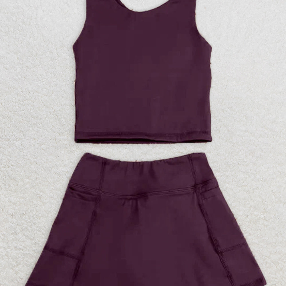 6.16 GSD1981 RTS NO MOQ Baby Girls Yoga Outfits Brown sleeveless top skirt kids girls active wear set