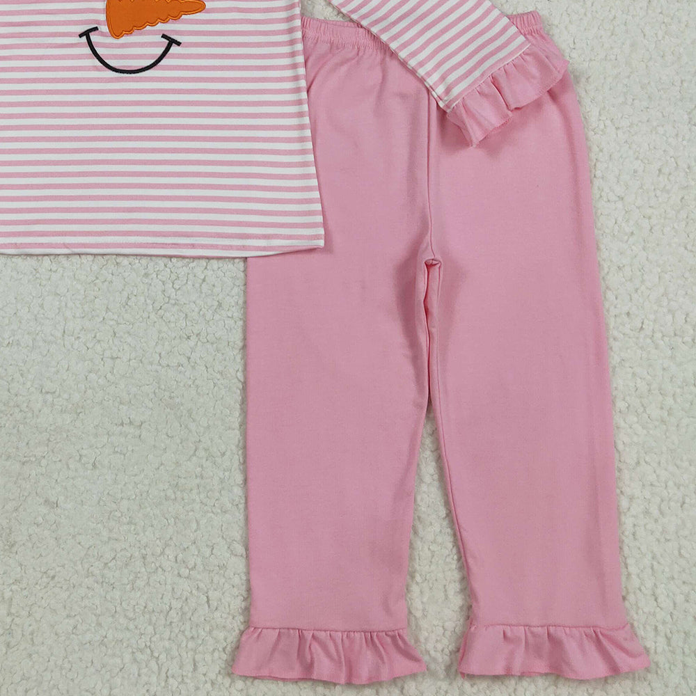 RTS NO MOQ (In stock)GLP2520 Baby Girls Winter Outfits Embroidery Baby Girls Christmas Pink Stripe Bow Snowman Top Pants Pajamas