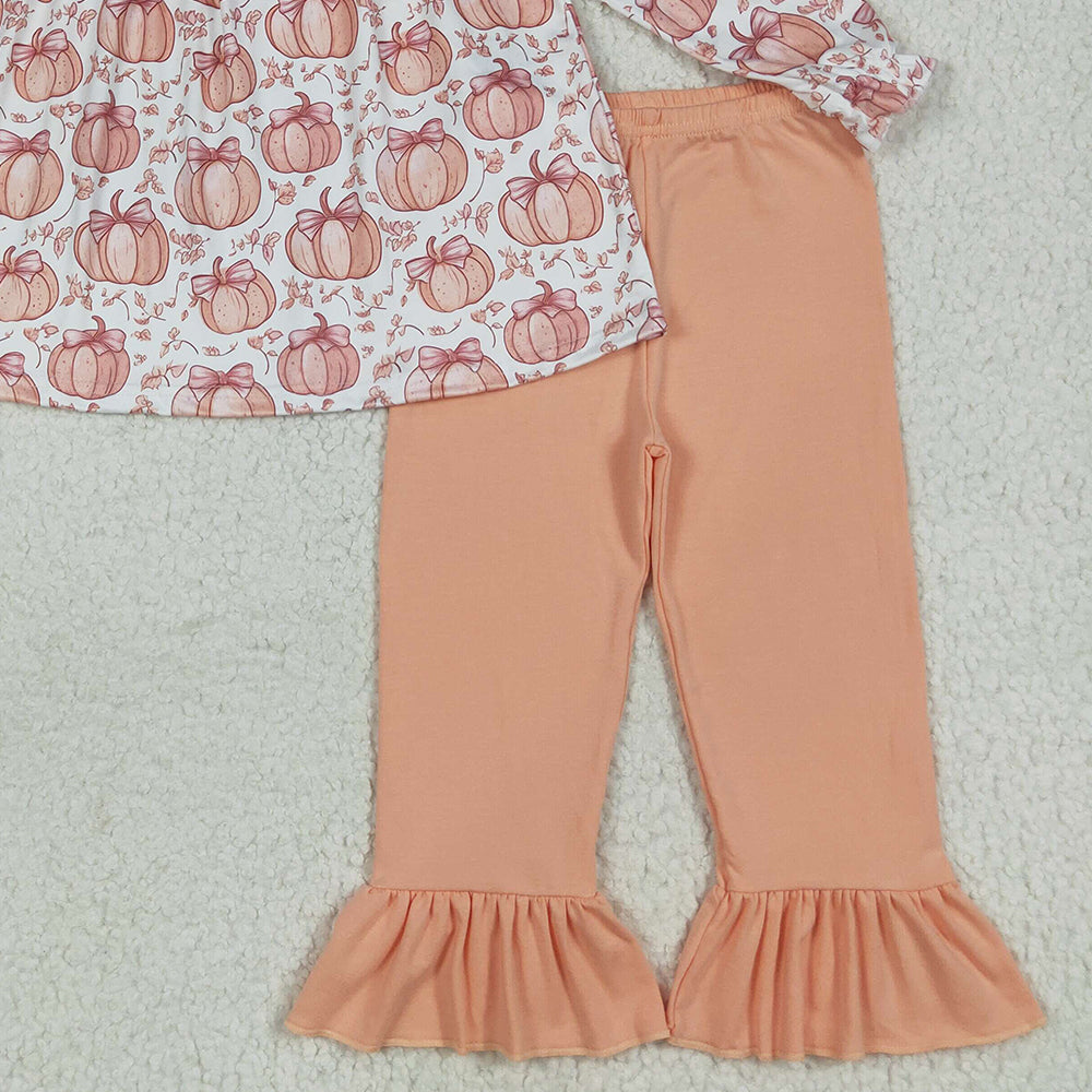 RTS NO MOQ (In stock) GLP2452 Baby Girls Winter Outfits Baby Girls Fall Bow Pumpkins Tunic Ruffle Pants Clothes Sets