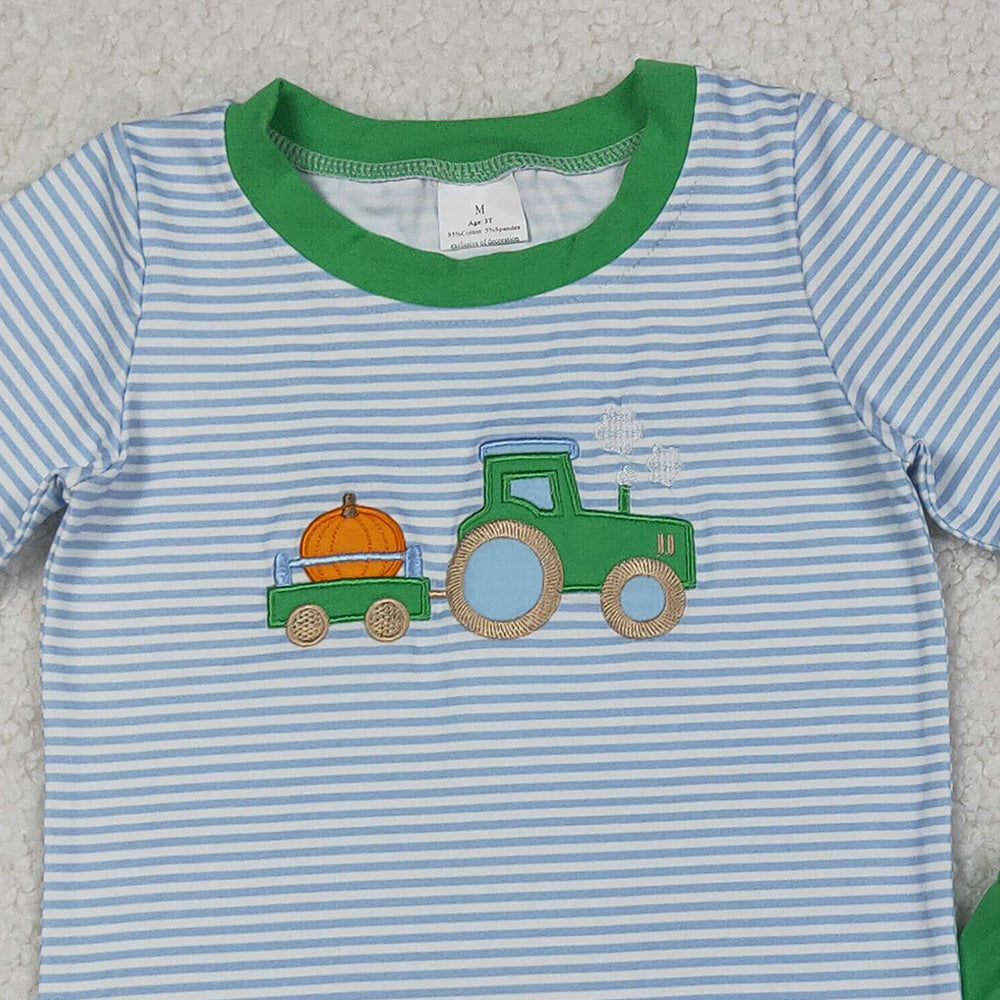 RTS NO MOQ (In stock)BSSO1549 Baby Boys Summer Boys Outfits Blue Stripe Truck Pumpkin Top Shorts Fall Clothes Sets