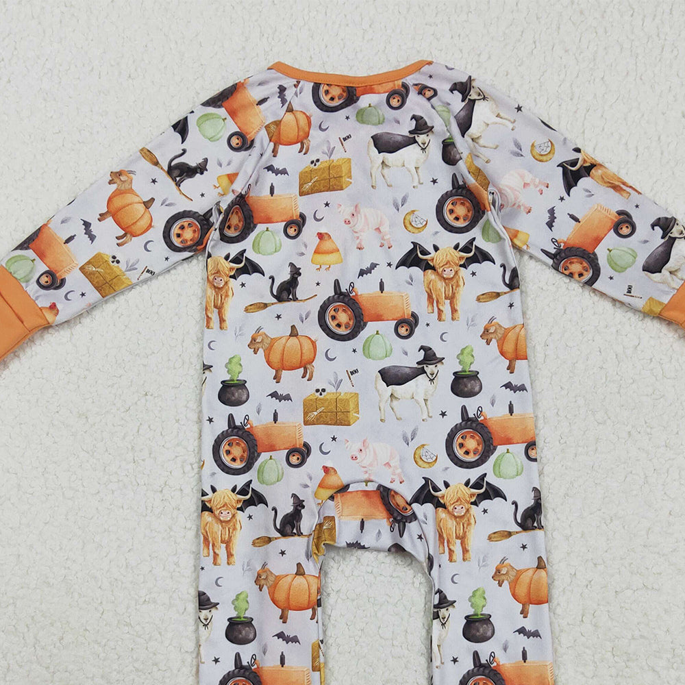 8.22 RTS NO MOQ (In stock)LR2444 Baby Girls Winter Rompers Baby Girls Farm Bats Pumpkins Halloween Zipper Footie Rompers