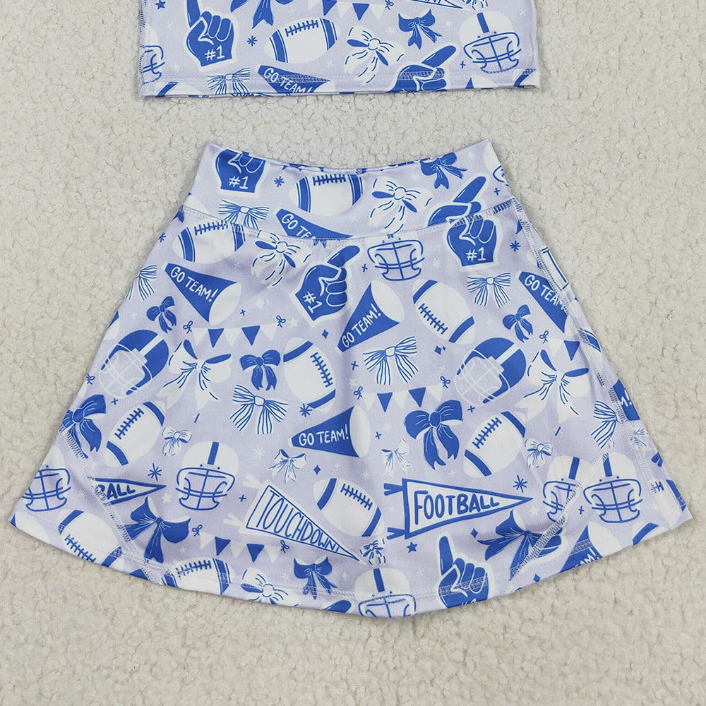 USA Shop (in stock)GSD2688 Baby Girls Yoga Outfits Baby Girls Team Blue Football Bows Vest Top Short Skirts Yoga Set