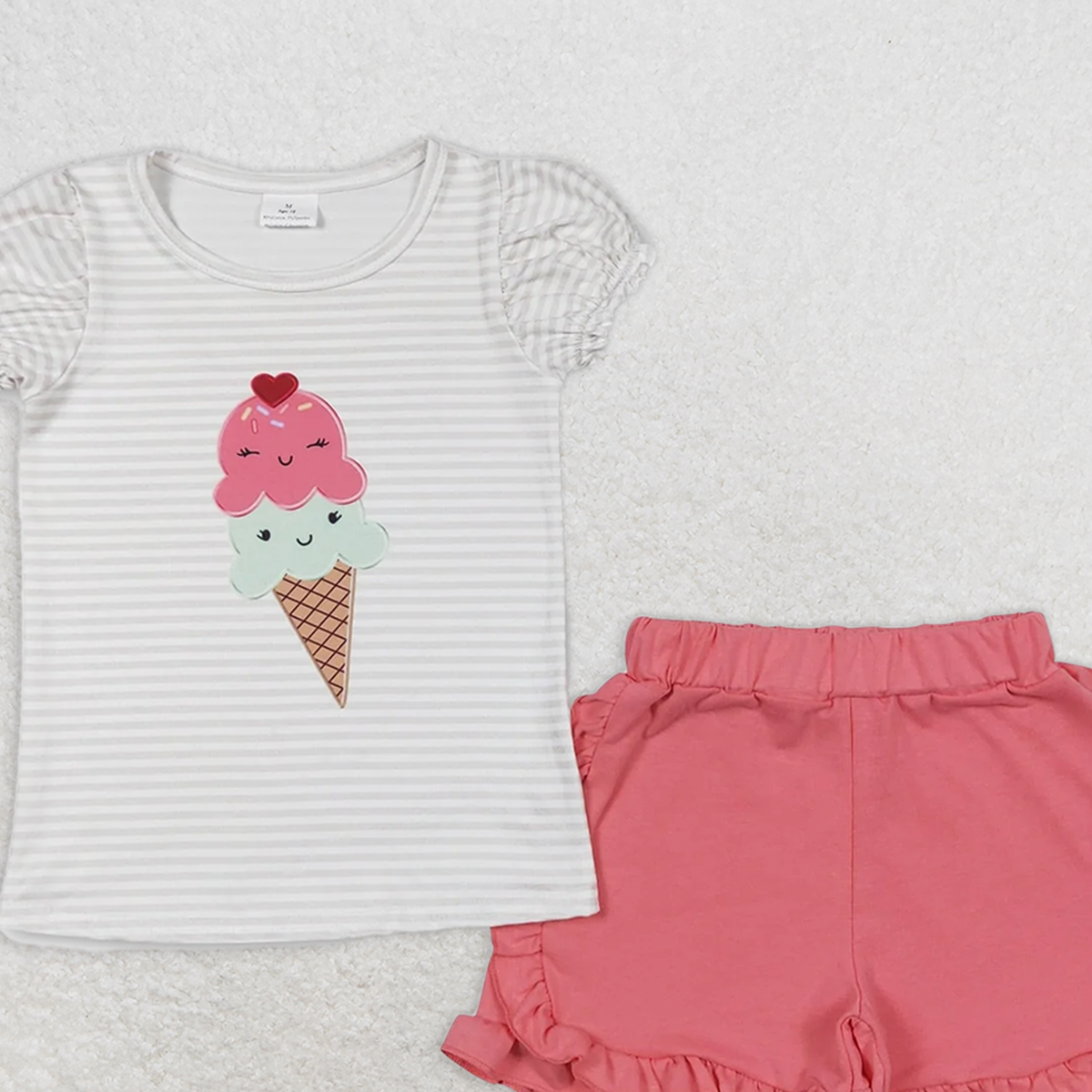 6.21 GSSO0579 RTS NO MOQ Baby Girls Summer Outfits Ice cream striped short-sleeved rose red shorts suit
