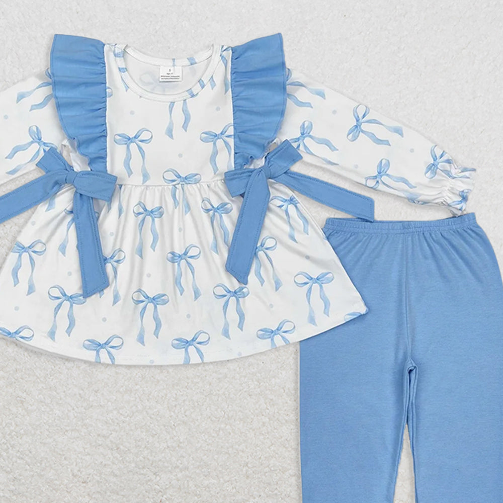 GLP2109 RTS NO MOQ Baby Girls Winter Outfits Light blue bow tunic ruffle pants girls clothing set