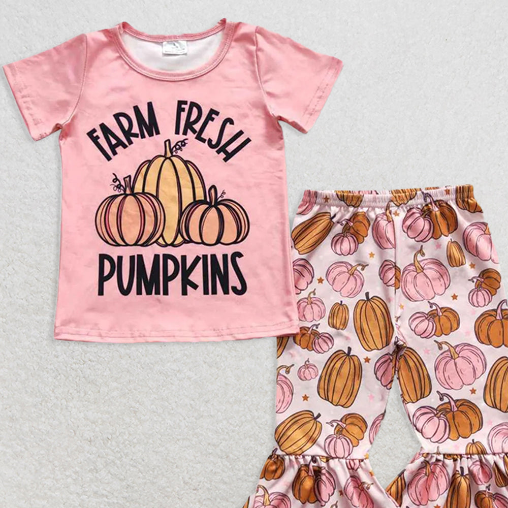 RTS NO MOQ (In stock) GSPO0607 Baby Girl Autumn Outfits PUMPKINS Pumpkin short-sleeved shorts set