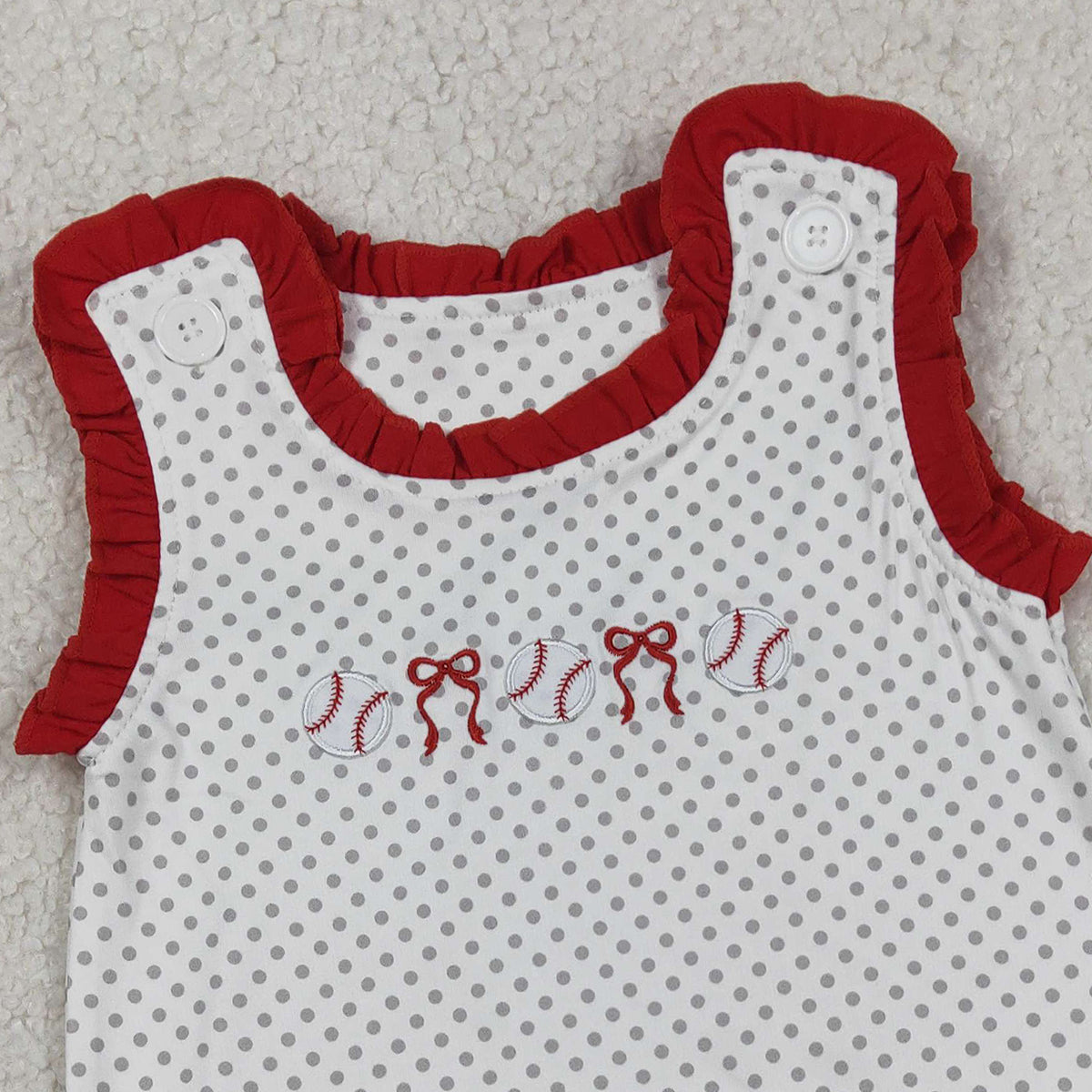 3.14 RTS NO MOQ (In stock)SR3581 Children's Fashion Romper Baby Girls Embroidery Bows Baseballs Polka Dots Team Ruffle Rompers