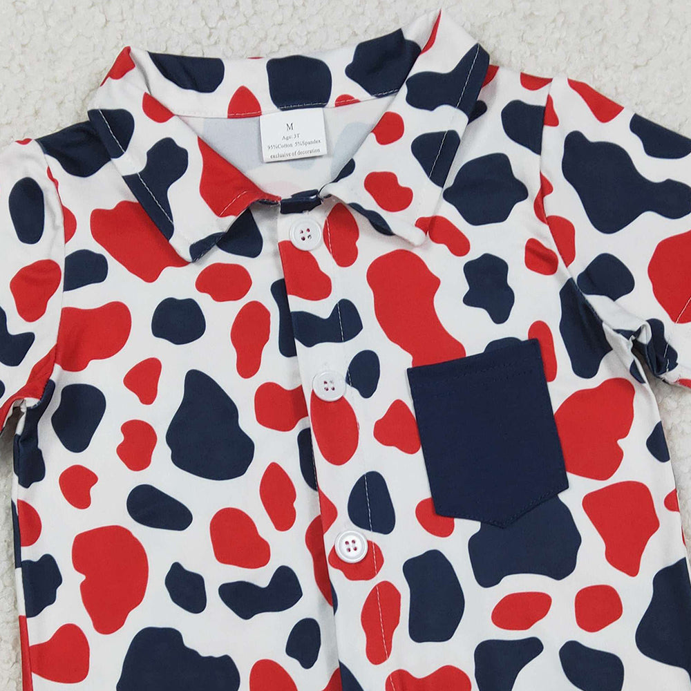 1.28 RTS NO MOQ (In stock)BT1656 Baby Boys Red Blue Cow Print 4th of July Button Pocket Shirts Top