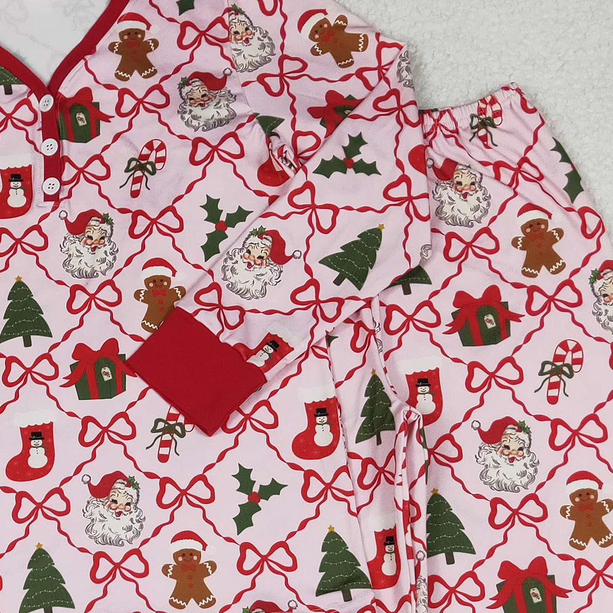 10.18 RTS NO MOQ (In stock)GLP2815 Adult Women Red Bows Santa Checked Pant Christmas Pajamas Sets