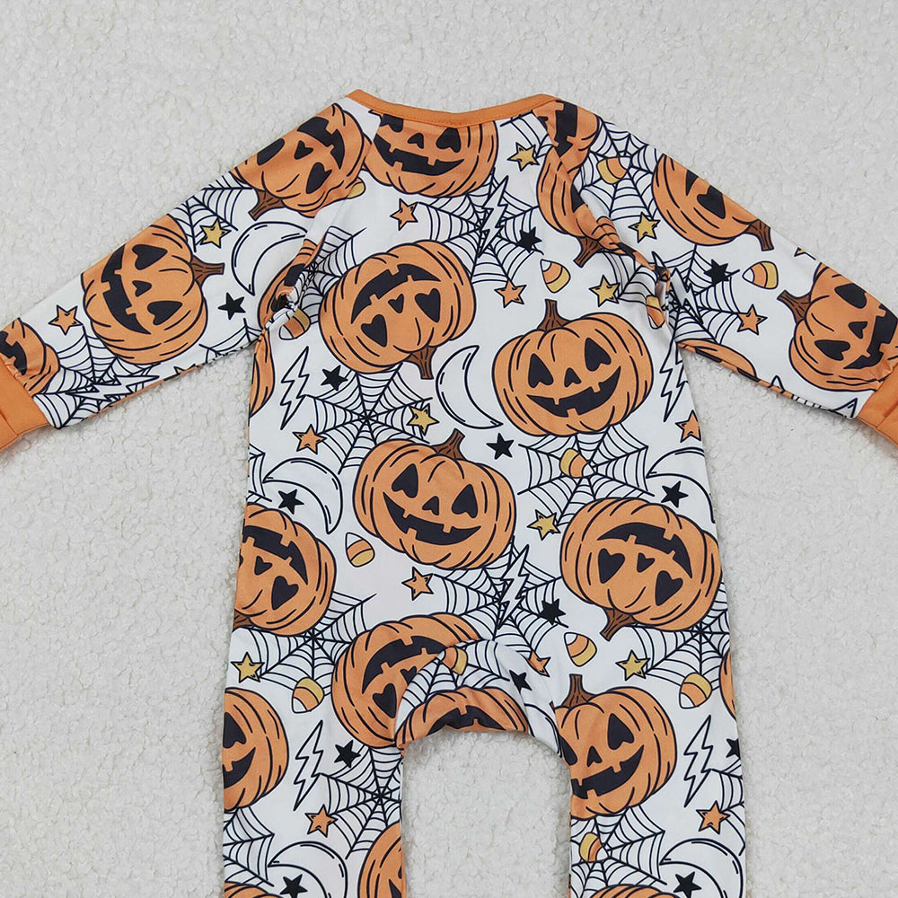 RTS NO MOQ (In stock)LR2528 Baby Boys Winter Rompers Spider Web Pumpkins Halloween Zipper Footie Rompers