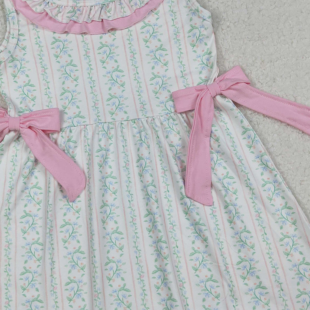 RTS NO MOQ (In stock)GSD2678 Baby Girls Summer Dress Pink Floral Stripe Bows Knee Length Dresses