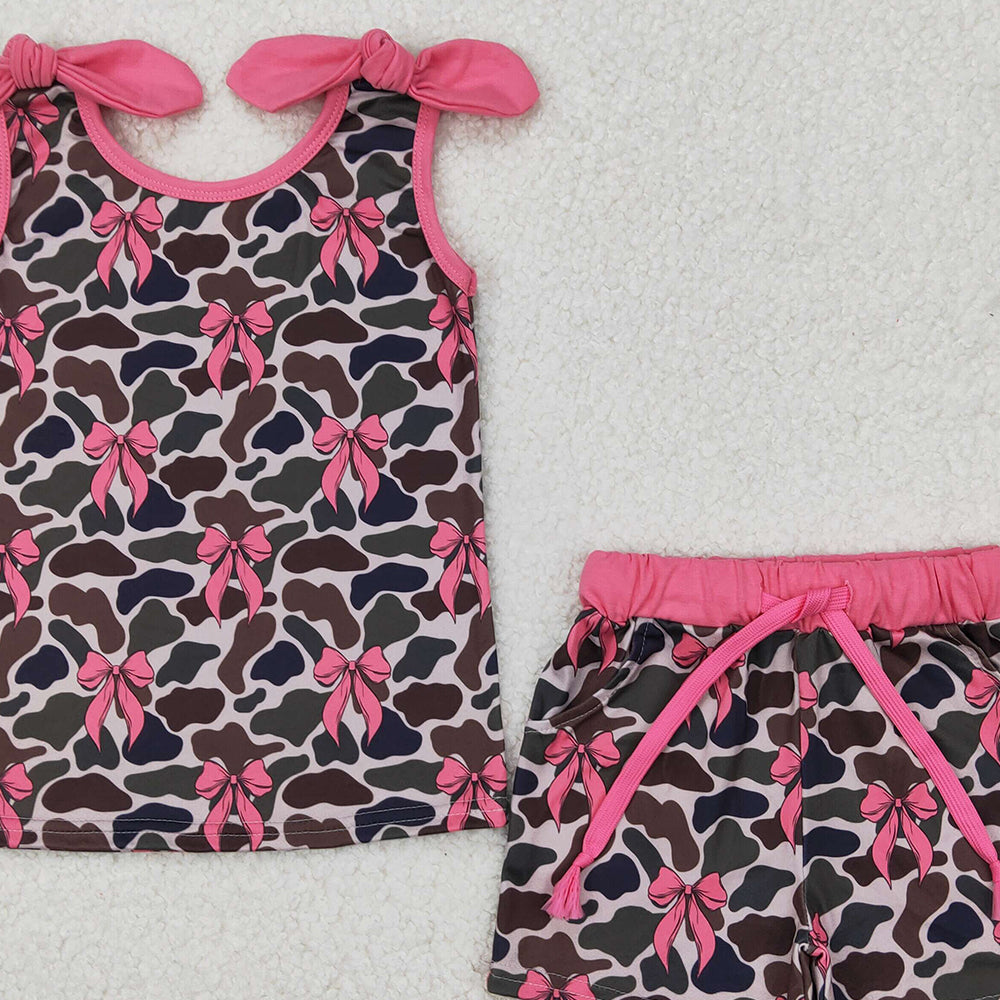 6.24 GSSO2083 RTS NO MOQ Sleeveless pink bow camo top shorts girls clothes