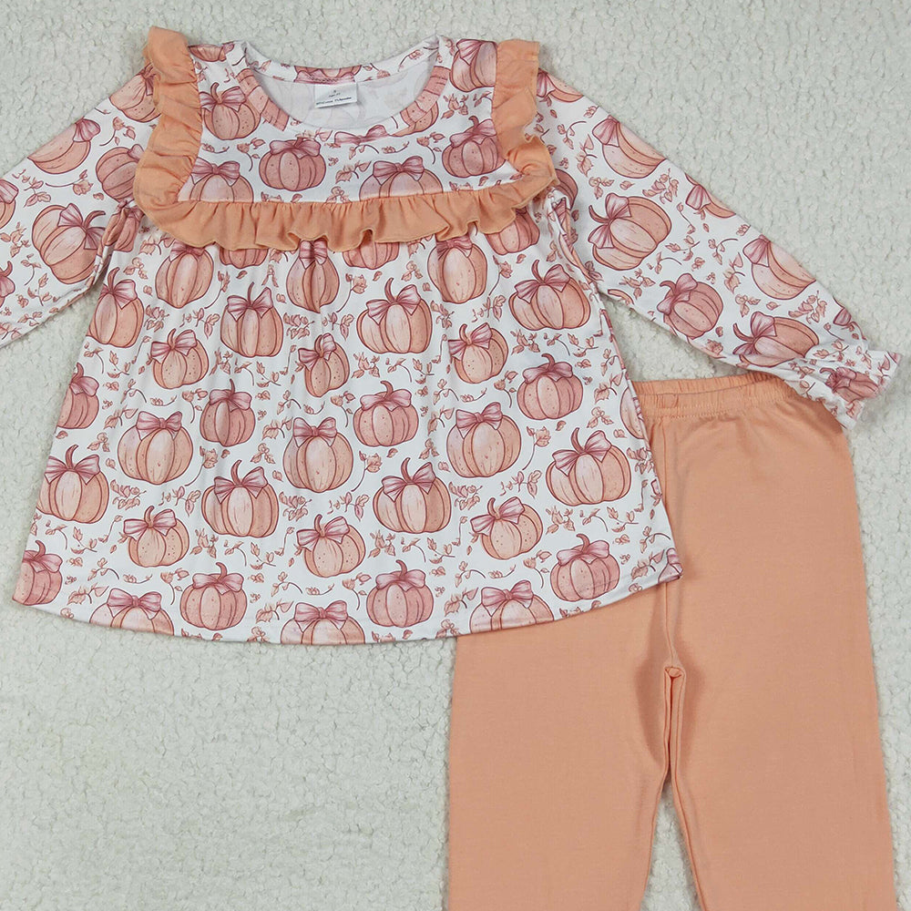 RTS NO MOQ (In stock) GLP2452 Baby Girls Winter Outfits Baby Girls Fall Bow Pumpkins Tunic Ruffle Pants Clothes Sets