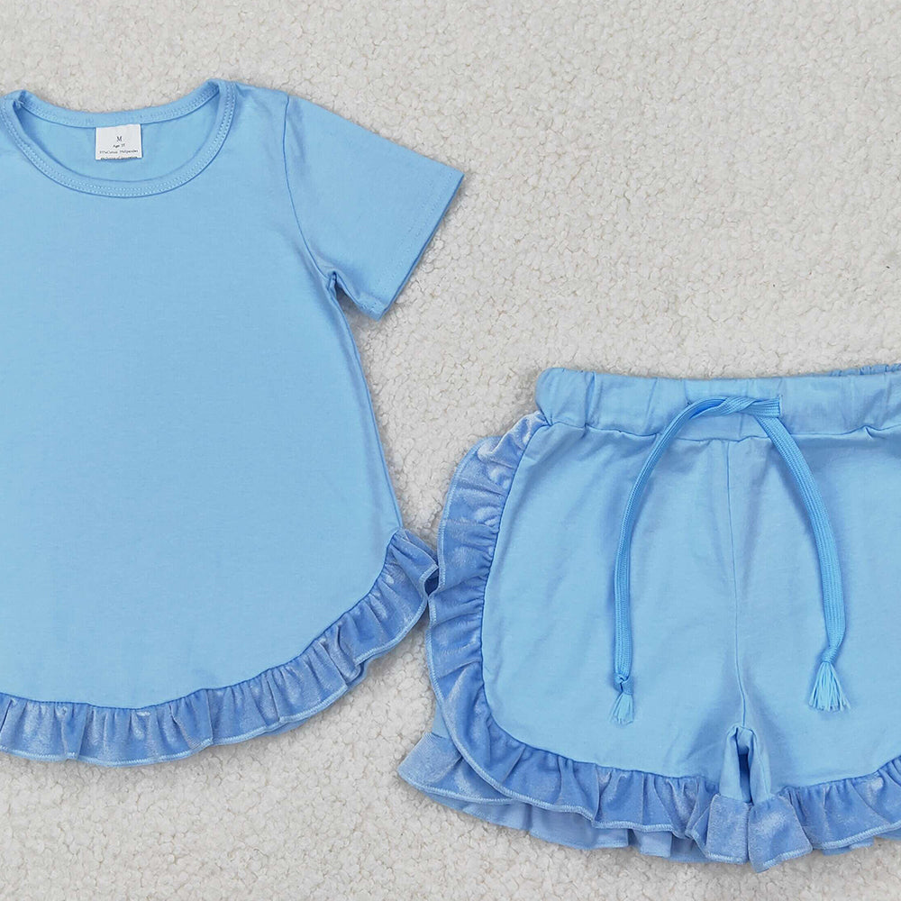 4.30 GSSO2183 RTS NO MOQ Baby Girls Blue Short Sleeves Tunic Ruffle Short Set