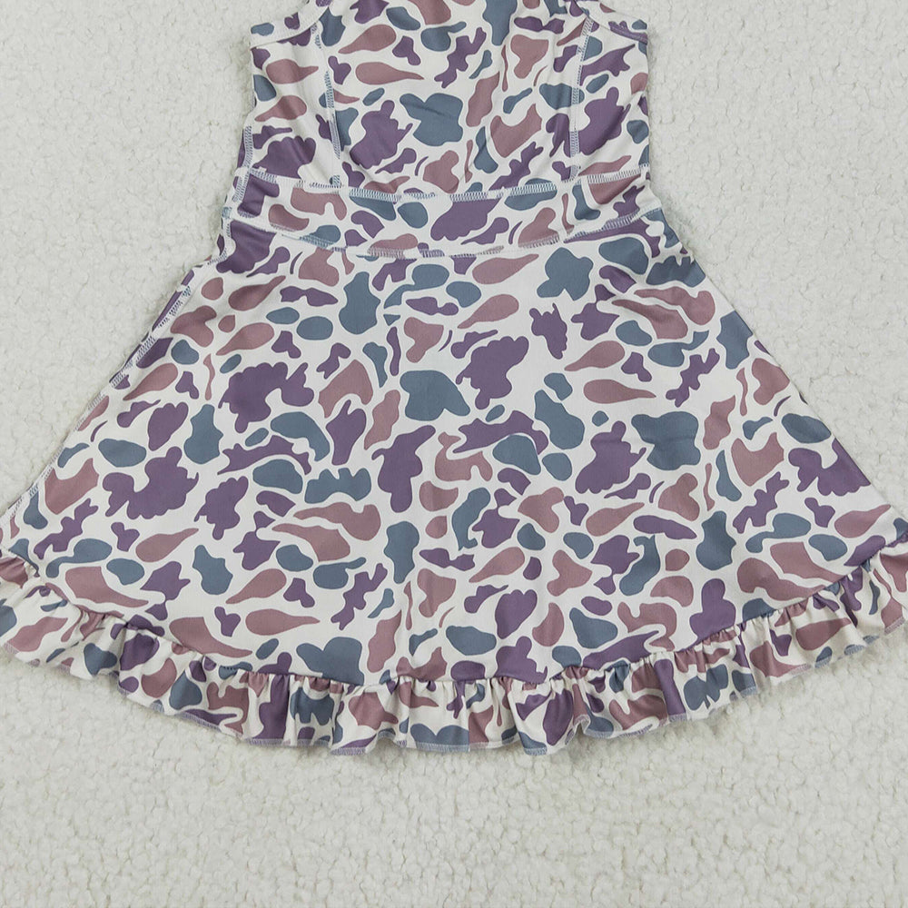 6.16 GSD2310 RTS NO MOQ Baby Girls Summer Yoga Dress Baby Girls Strap Lavender Camo Yoga Ruffle Knee Length Dresses
