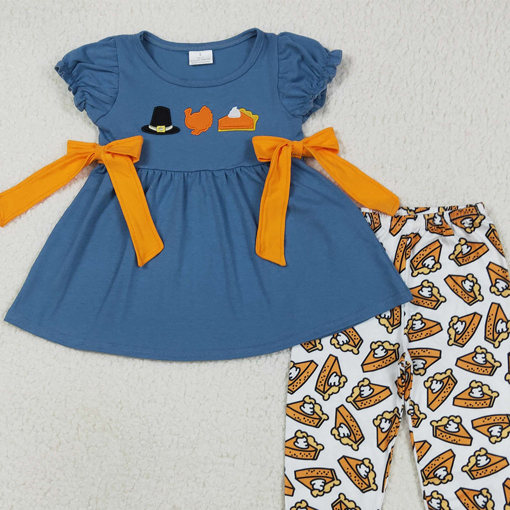 RTS NO MOQ (In stock) GSPO2028 Baby Girl Autumn Outfits Embroidery Baby Girls Navy Thanksgiving Turkey Tunic Ruffle Pants Sets