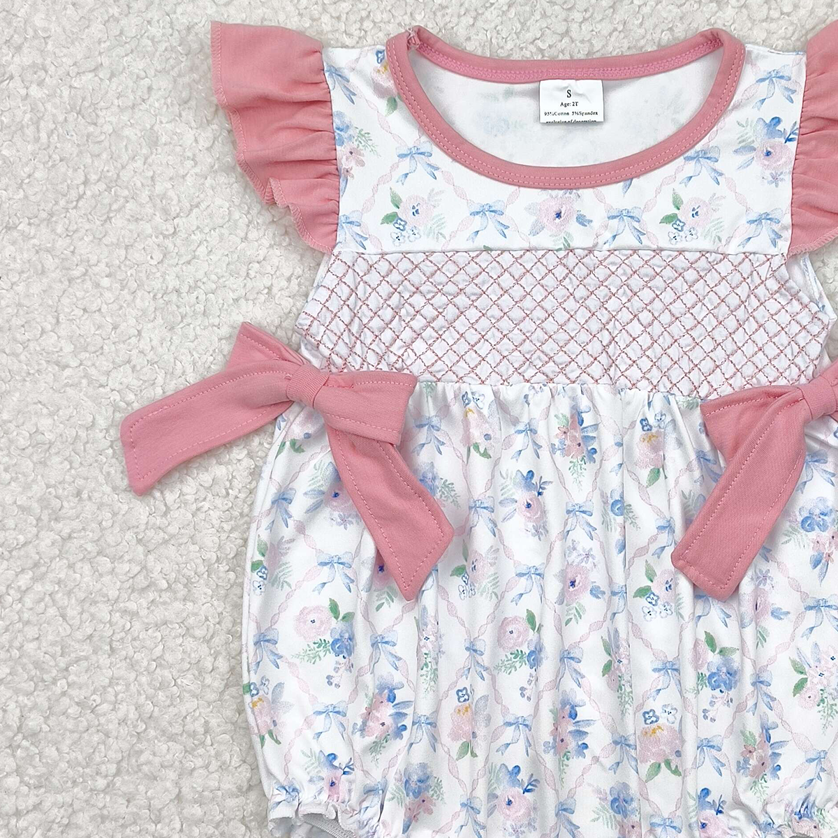 4.23 SR2923 RTS NO MOQ Baby Girls Summer Rompers Embroidery Baby Infant Girls Pink Flutter Sleeves Floral Bows Top Ruffle Rompers