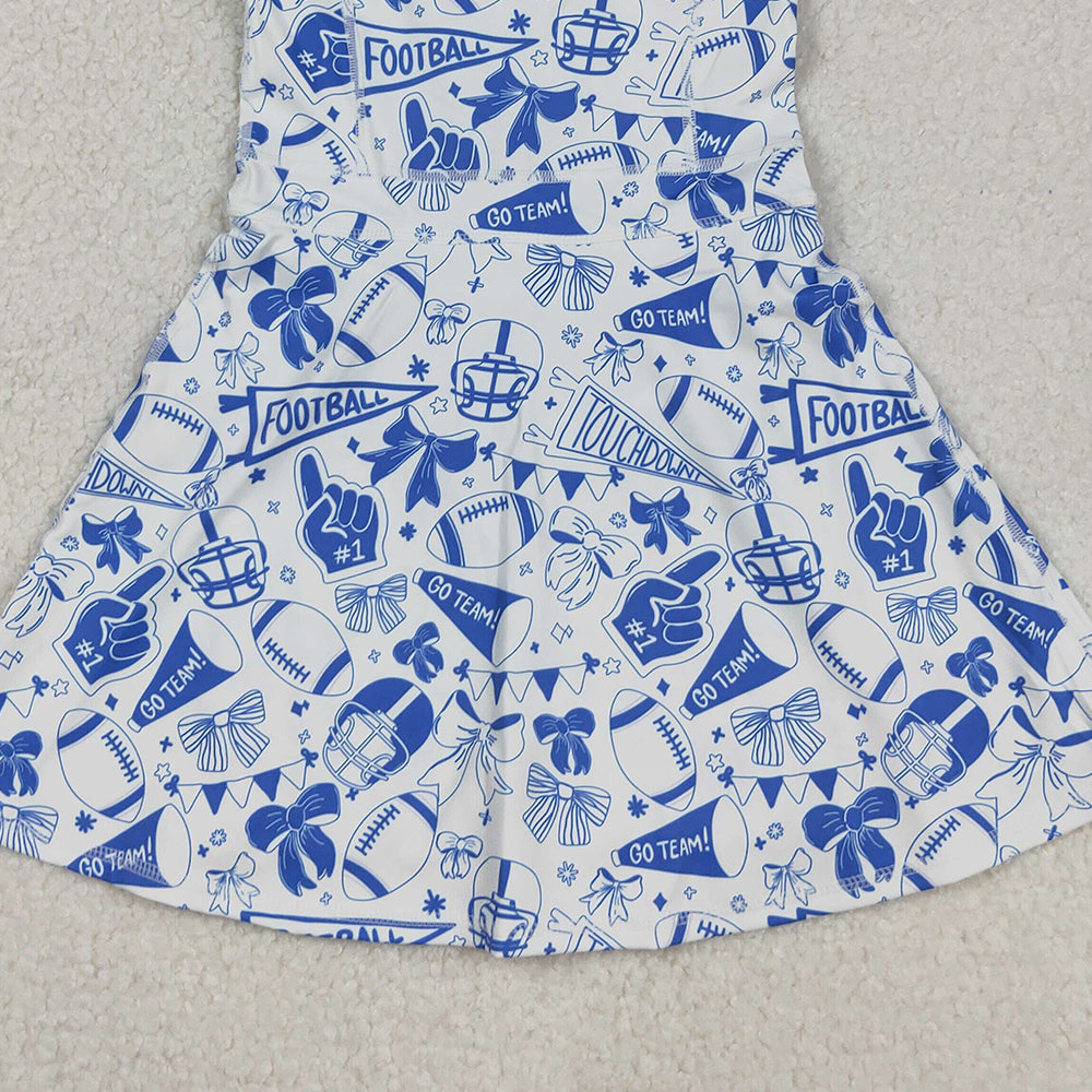 RTS NO MOQ (In stock)GSD2778 Baby Girls Summer Yoga Dress Blue Bow Straps Athletic Football Girls Dress Girls' Straps Blue Bow Football Dress
