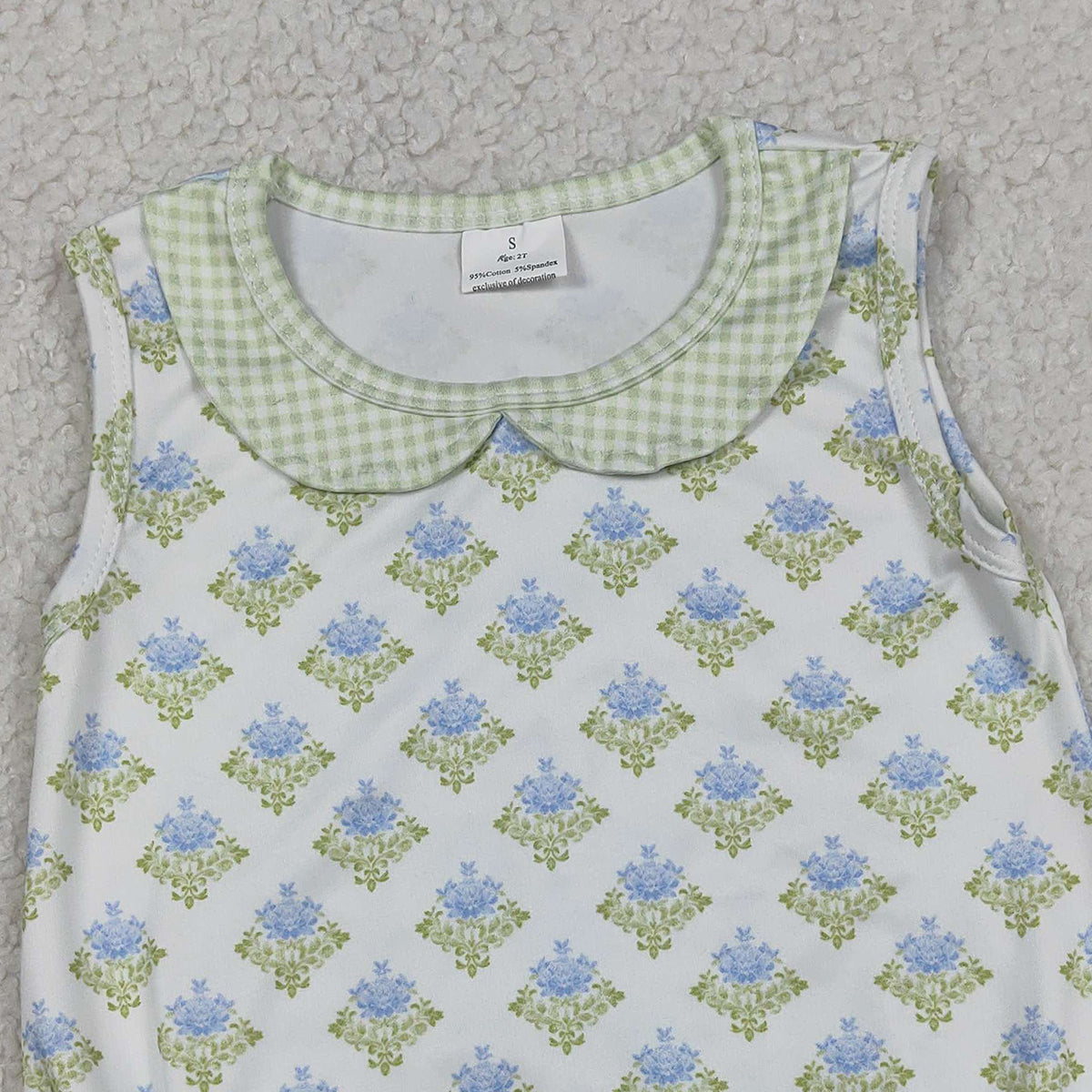 3.6 RTS NO MOQ (In stock)SR3662 Children's Fashion Romper Baby Girls Sleeveless Flowers Plaid Collar Ruffle Rompers