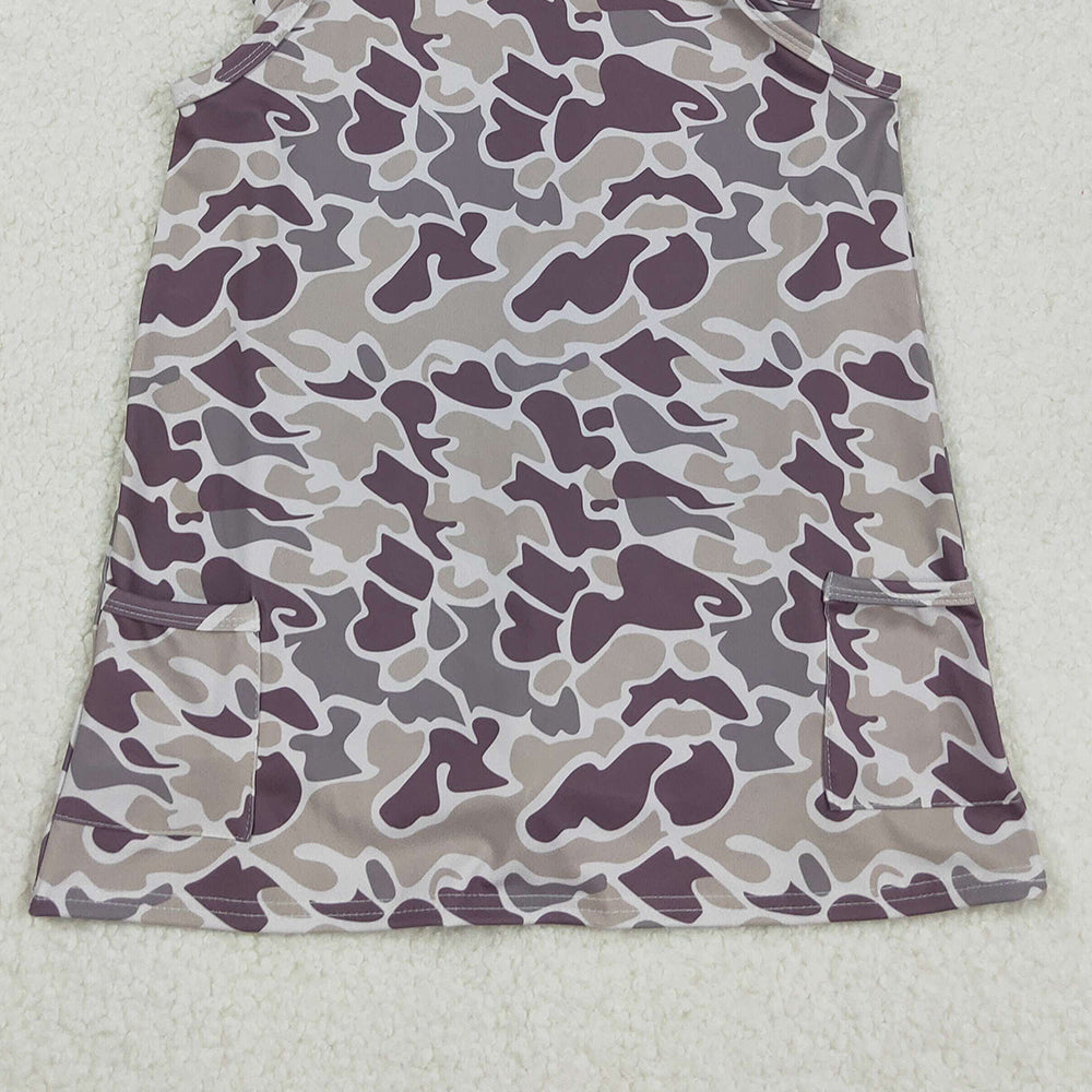 RTS NO MOQ (In stock)GSD2719 Baby Girls Yoga Dress Gray Camo Knee-Length Dress with Pockets Strap Yoga Dress for Girls