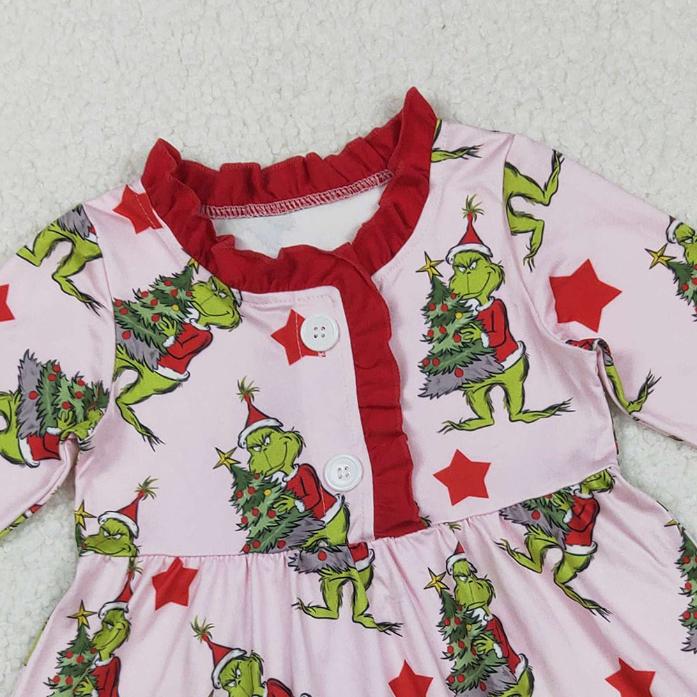 RTS NO MOQ (In stock)GLD1236 Baby Girls Winter Dress Long Sleeve Christmas Night Dress Red Stars Green Face Festive Holiday Party Dress