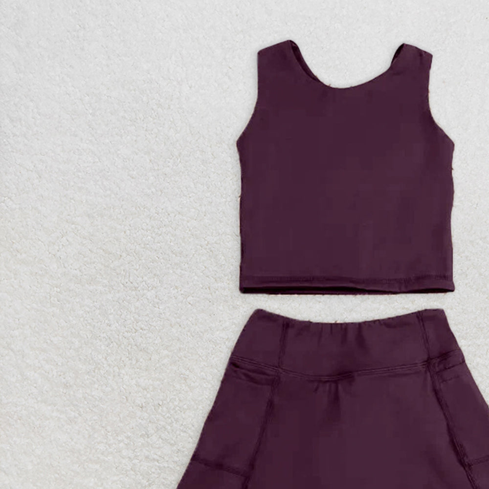 6.16 GSD1981 RTS NO MOQ Baby Girls Yoga Outfits Brown sleeveless top skirt kids girls active wear set