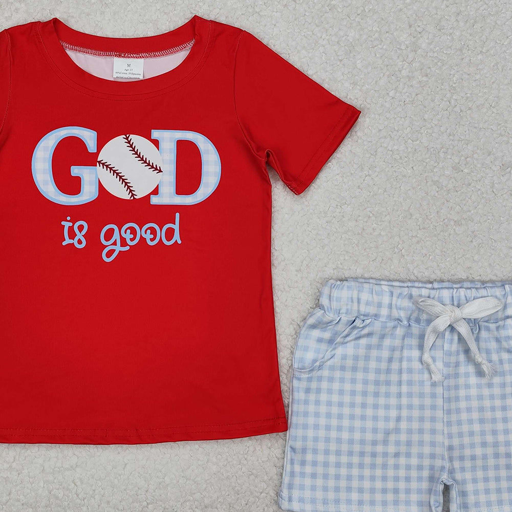 4.24 BSSO1248 RTS NO MOQ Red god is good baseball top plaid shorts boys clothes