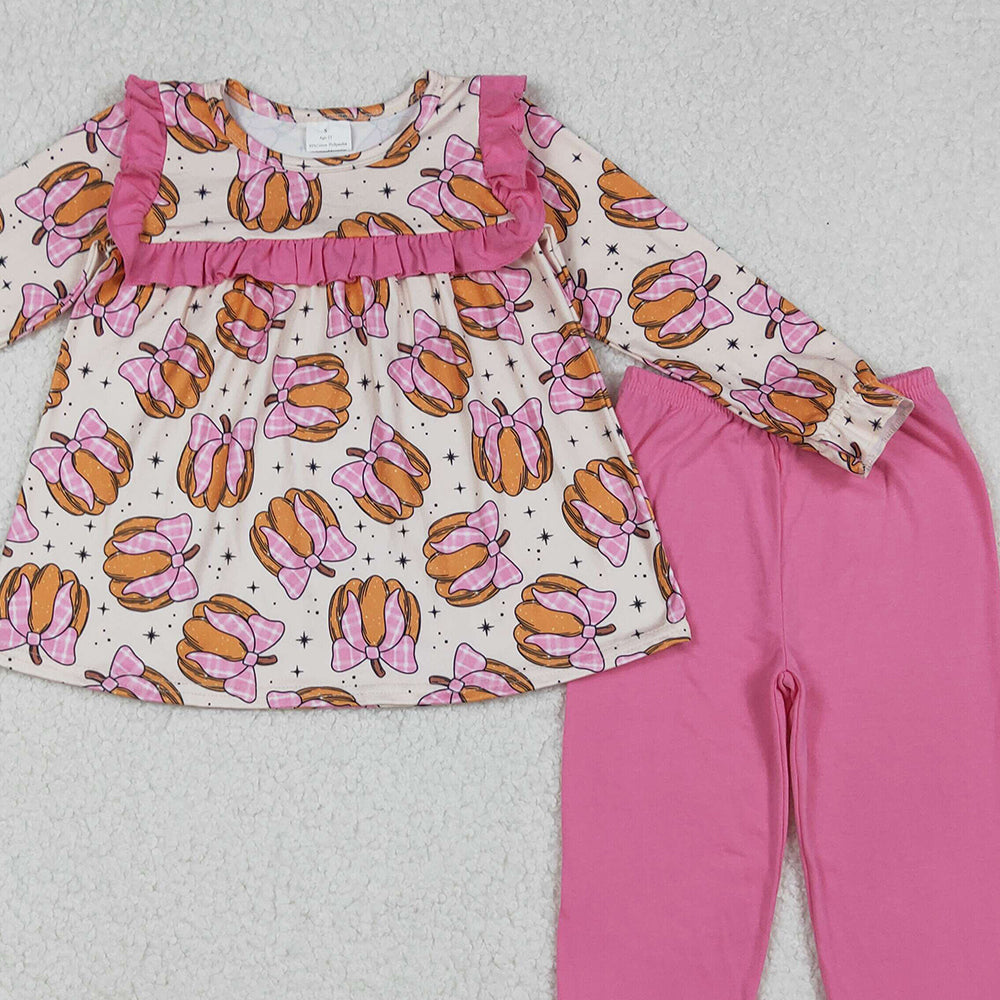 RTS NO MOQ (In stock)GLP2348 Baby Girls Winter Outfits Girls Long Sleeve Pumpkin Bow Tunic Pants Outfit Cute Fall Kids Clothing Set