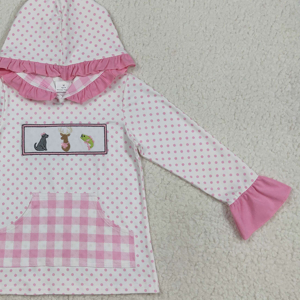 8.21 RTS NO MOQ (In stock)GT1106 Baby Girls Long Sleeve Tops Embroidery Dogs Deer Fish Baby Girls Polka Dots Pocket Hoodies Top