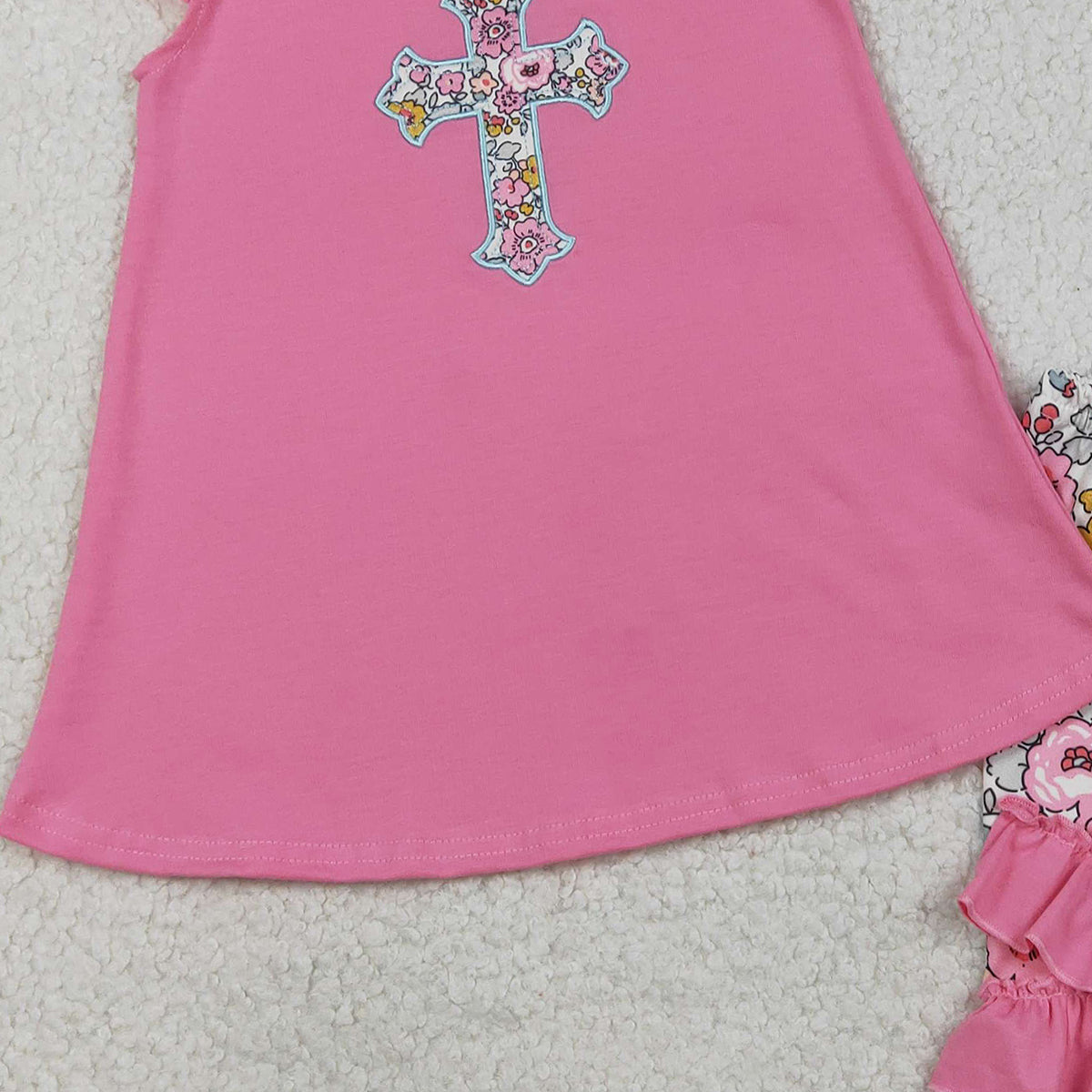 1.26 RTS NO MOQ (In stock)GSSO3069 Embroidery Floral Crosses Baby Girls Tunic Ruffle Shorts Easter Clothes Sets