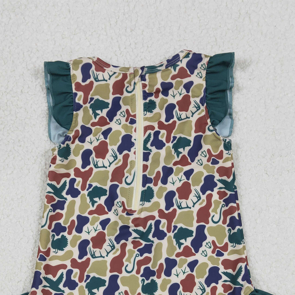 1.9 RTS NO MOQ (In stock)S0598 Baby Girls Dark Green Ducks Deer Camo Ruffle Swimsuits