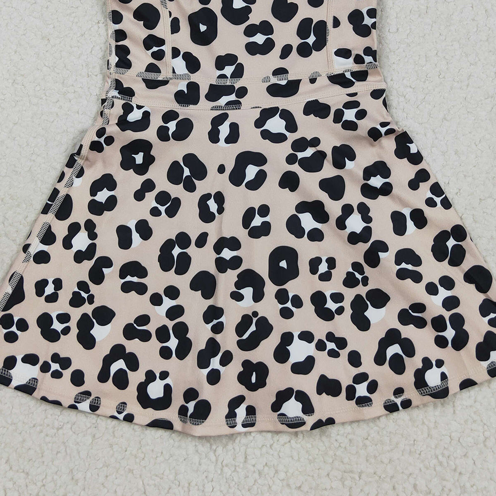 RTS NO MOQ (In stock)GSD2650 Baby Girls Yoga Dress Baby Girls Strap Leopard Shorts Yoga Active Knee Length Dresses