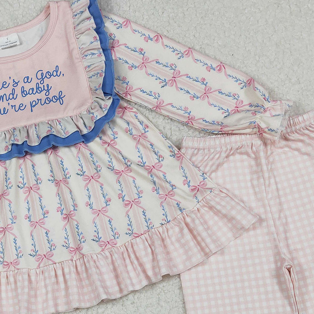 RTS NO MOQ (In stock)GLP2379 Baby Girls Winter Outfits Long Sleeves Pink Floral Stripe Tunic Ruffle Pants Set