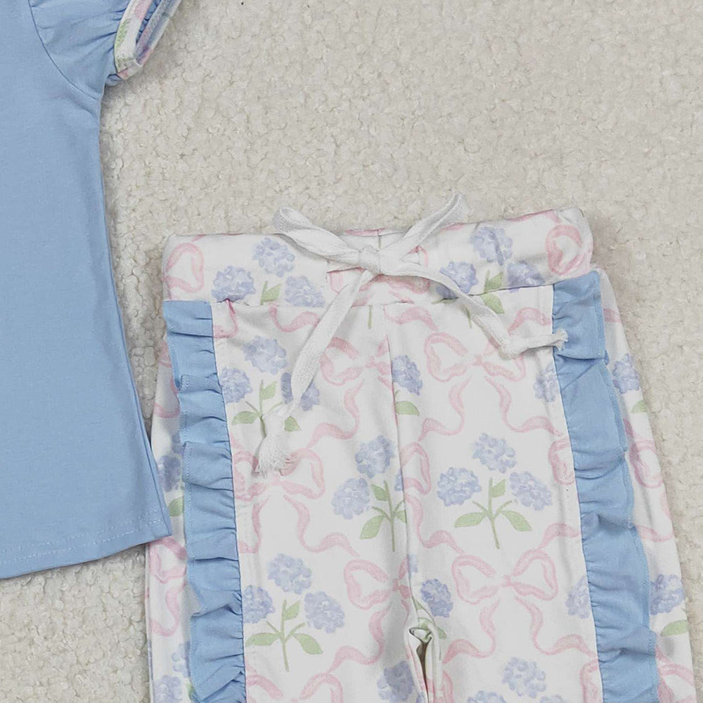 10.11 RTS NO MOQ (In stock)GSPO2069 Baby Girls Blue Button Shirts Top Floral Ruffle Leggings Clothes Sets