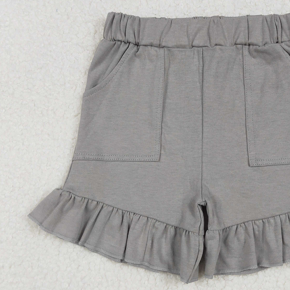 7.06 SS0563 RTS NO MOQ Baby Girls Summer Shorts Baby Girls Gray Pockets Summer Cotton Ruffle Short Bottoms