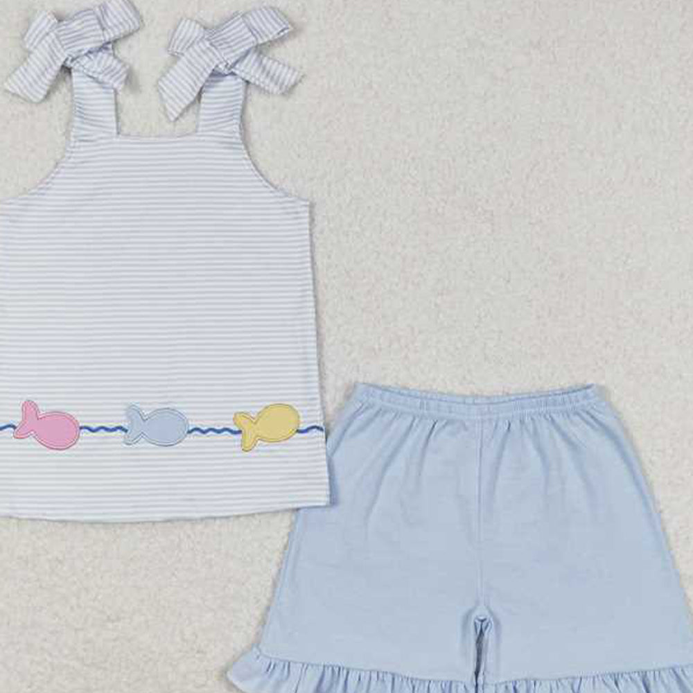 5.28 GSSO0809 RTS NO MOQ Baby Girls Summer Outfits Straps stripe fish top ruffle shorts girls summer clothes