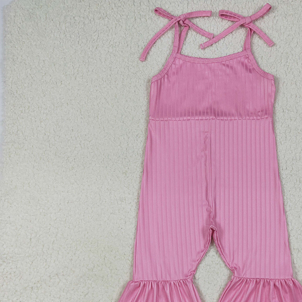 RTS NO MOQ (In stock)SR3156 Baby Girls Summer Jumpsuits Baby Girls Pink Strap Bell Bottom Ribbed Jumpsuits