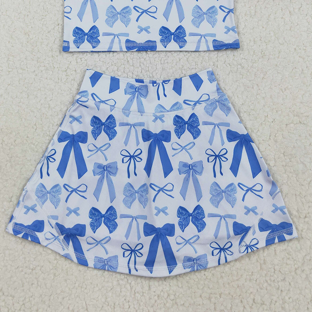 RTS NO MOQ (In stock)GSD2640 Baby Girls Yoga Outfits Baby Girls Sleeveless Blue Bows Vest Top Short Skirts Yoga Sets