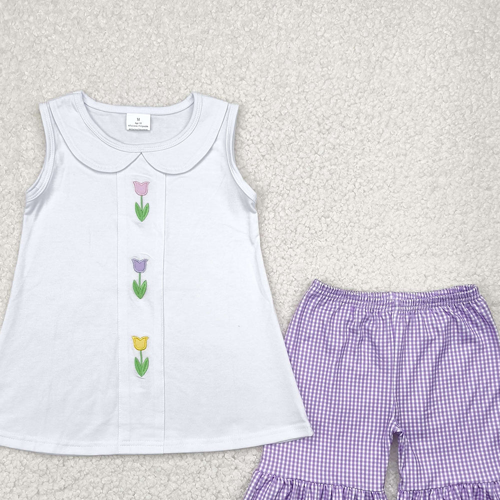 6.27 GSSO2276 RTS NO MOQ Baby Girls Summer Outfits Embroidery baby girl clothes floral sleeveless shorts set