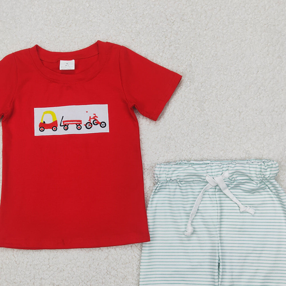 6.16 BSSO1432 RTS NO MOQ Baby Boys Summer Boys Outfits Embroidered bicycle red short sleeve green striped shorts set