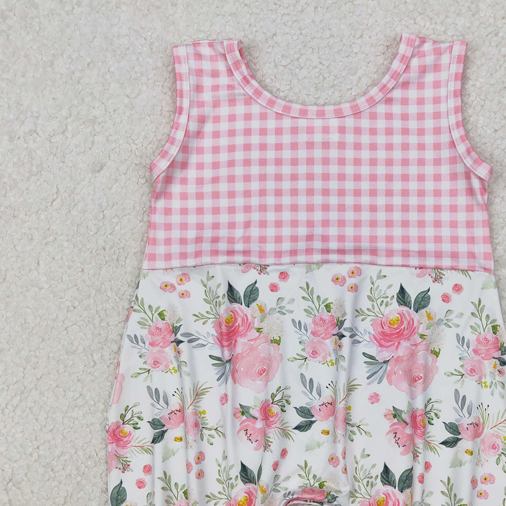 4.30 SR2678 RTS NO MOQ Sleeveless pink plaid floral baby girls summer romper